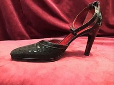 Vintage Charles Jourdan Black Patent Suede Embossed Logo Heel Sandals Shoe Ankle