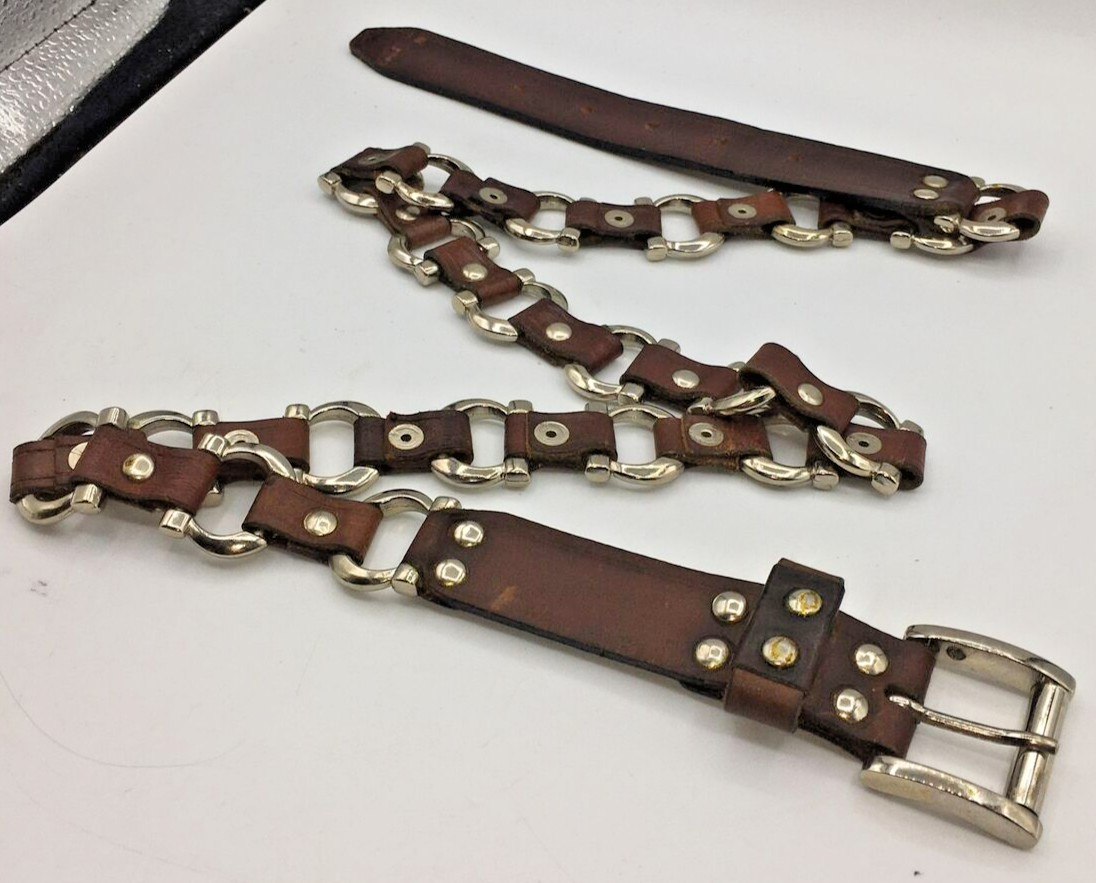 Aimee Lynn Belt M Brown Leather Brass Buckle Braided Link Horseshoe Western Amiee Lynn Brown Leather links Belt Silver tone Horseshoe  main image 2