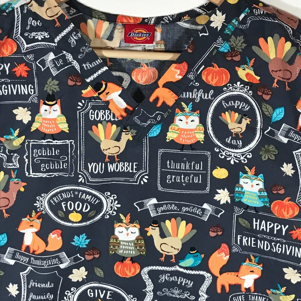 Dickies Women's Small Gray Thanksgiving Theme Short Sleeve V-Neck Scrub Top - Image 2 of 4