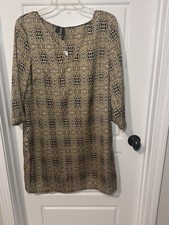 MNG by Mango Women’s Golden Animal Print 3/4 Sleeves V-Neck Straight Dress 10