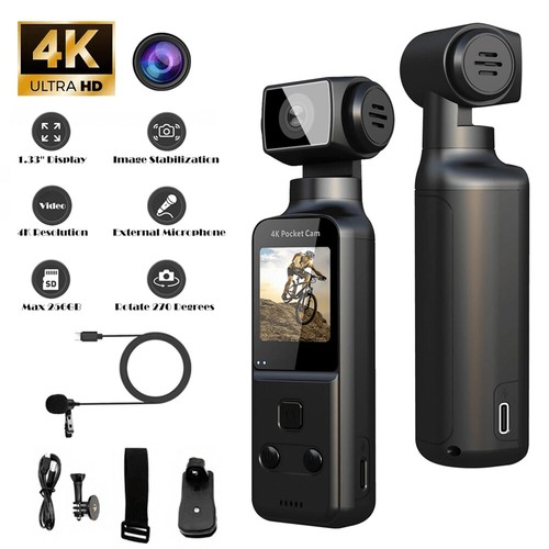 4K Body Camera with External Microphone, WiFi Mini Pocket Camcorder 270° Rotate