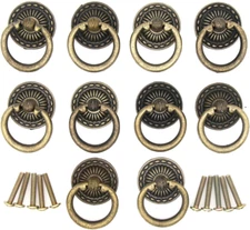 10 PCs Vintage Antique Brass Ring Pulls Handles for Cabinet Drawer