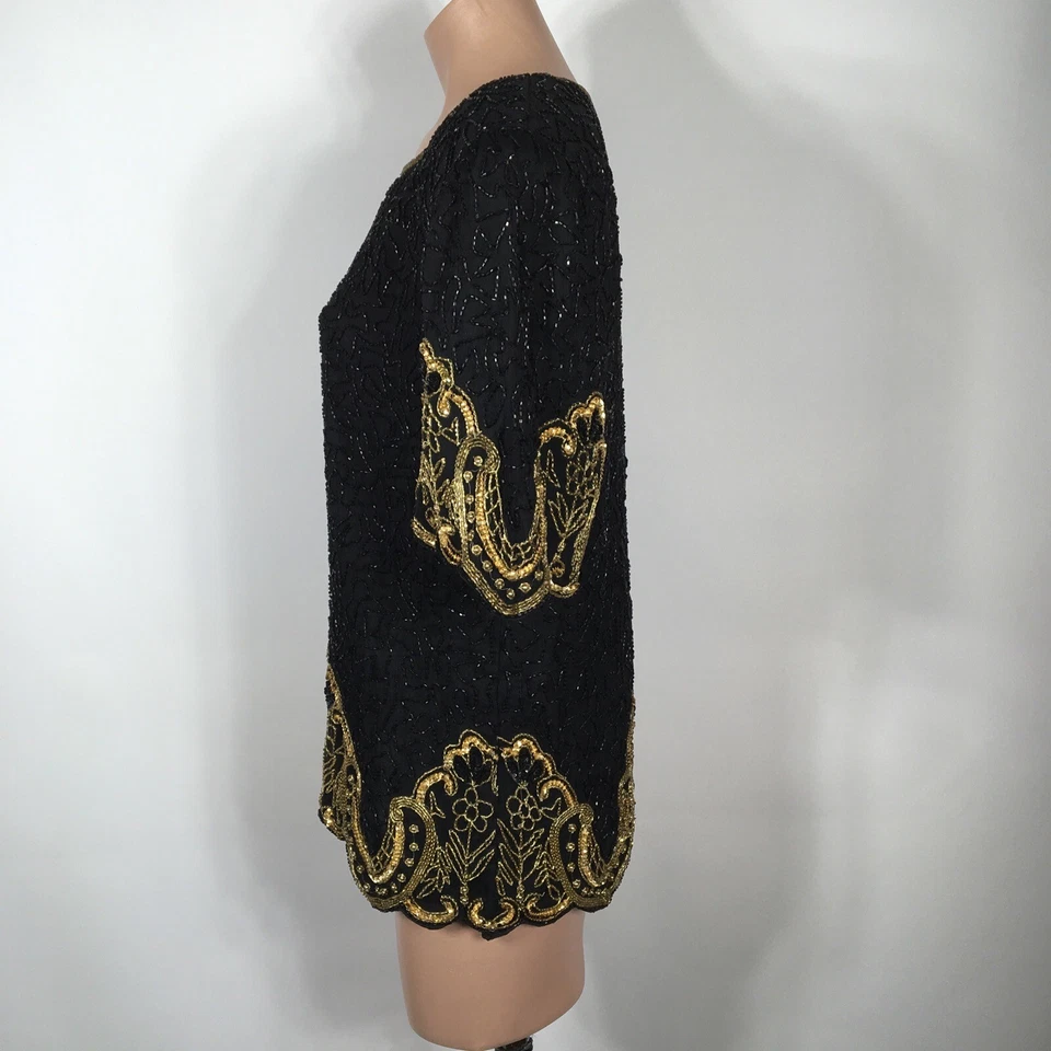 Laurence Kazar Black Gold Flapper Beaded Evening Formal Silk SEQUIN Gatsby VTG L - Image 4 of 4