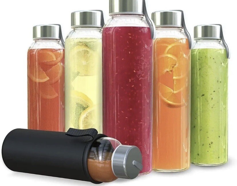 2 X Glass Water Bottle 16oz Gym, Travel, Drinking.Leakproof Cap Cold/hot