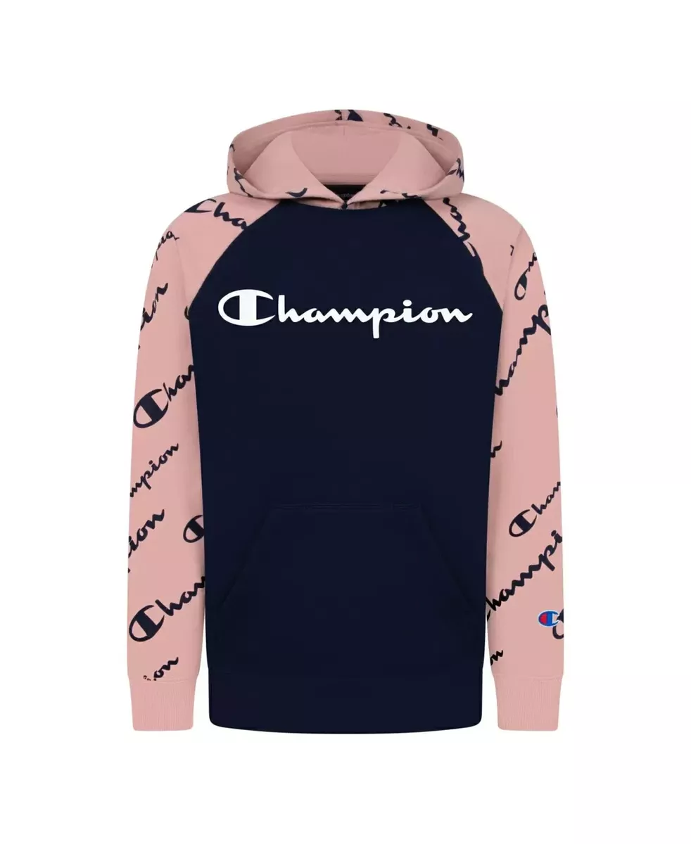 CHAMPION Big Boys Diagonal Script Raglan Fleece Hoodie Navy Size M