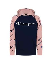 CHAMPION Big Boys Diagonal Script Raglan Fleece Hoodie Navy Size M