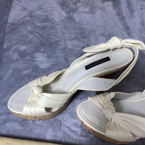 Louis Vuitton Sz 6 Platform Pumps Leather Peep Toe Ivory Monogram Authentic Heel - Picture 6 of 15