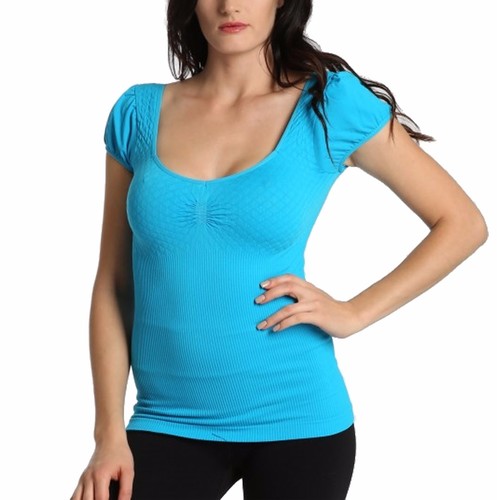 Mujeres Corte Bajo Escote Mangas Cortas Camiseta Pucker Costilla Alta Camiseta - Imagen 23 de 28