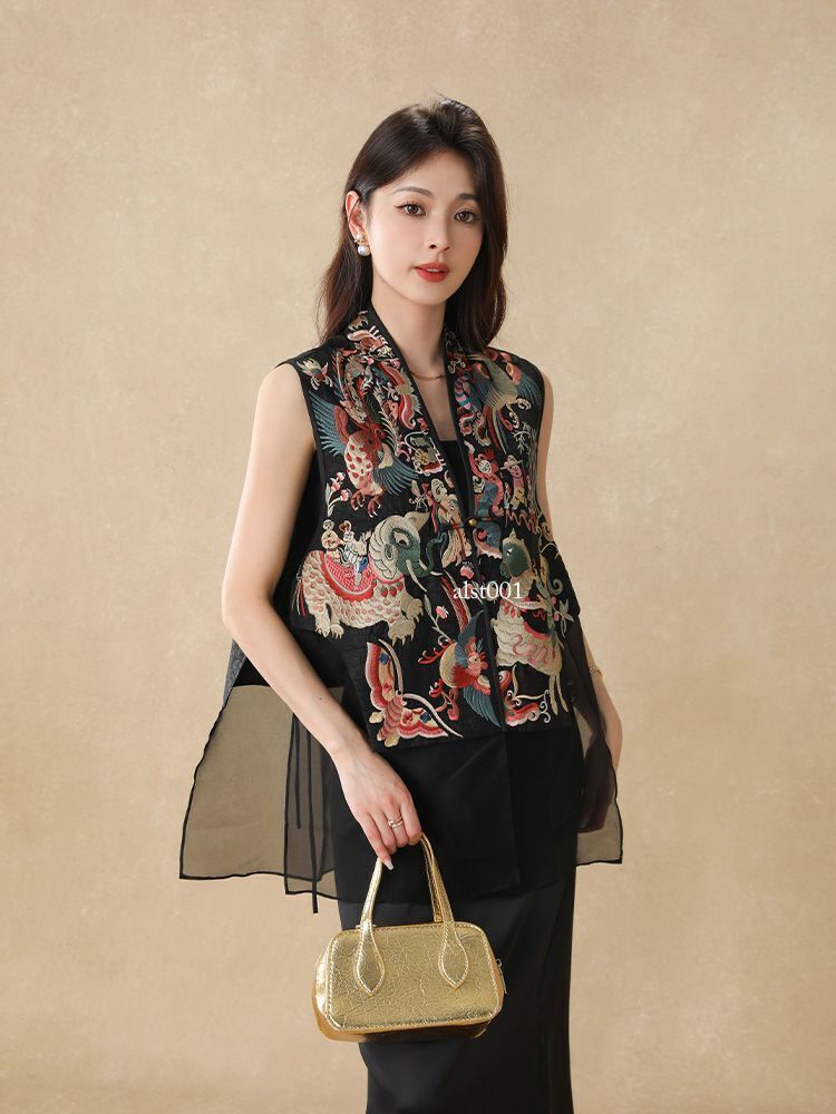 Womens Summer Retro Tops Sleeveless Embroidery Chinese Style Vest