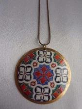 ZAD Brasstone Metal Red Blue Green White Enameled Disk Pendant 18.5" Necklace 