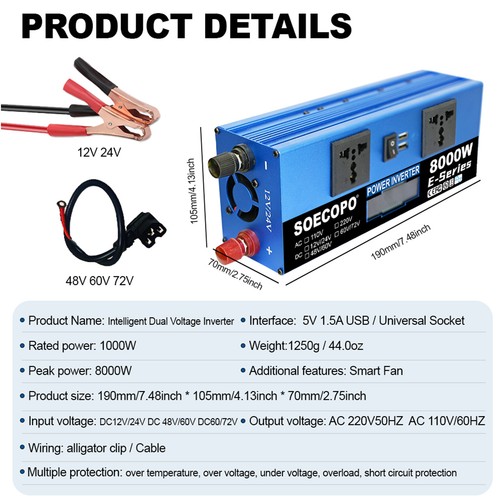 8000W Power Inverter Pure Sine Wave DC12V/24V/48V/60V/72V to 110V 120V For Cam7K - Picture 8 of 22