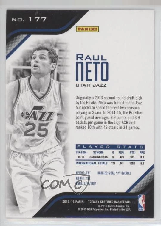 2015-16 Panini Totally Certified Rookies Raul Neto #177 Rookie RC - Image 2 of 2