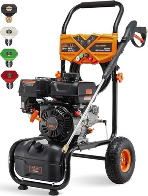 Gas High Pressure Washer 3500 PSI 2.3 GPM 25ft Hose Reel&4 Nozzles&Soap Tank Set