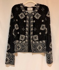 Vintage Papell Boutique Silk Beaded Black Silver Evening Jacket Size L Classy