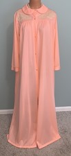 Vtg LONG Nylon Robe Sz L Bright Pink Ecru lace Snowdon ILGWU Lounge
