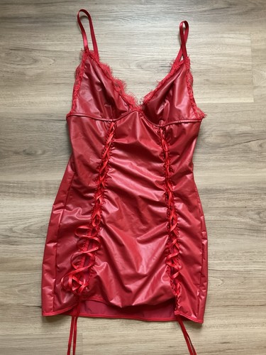 Gothic Faux Leather Lingerie Sexy Red Lace Slip Large Dress Fairy Goth Maid