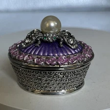 PURPLE TRINKET BOX WITH PEARL & BUG ON TOP BY KEREN KOPAL, CRYSTALS