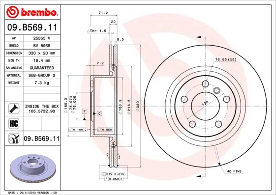 Disque de frein BREMBO 09.B569.11 contre les vibrations pour BMW et TOYOTA