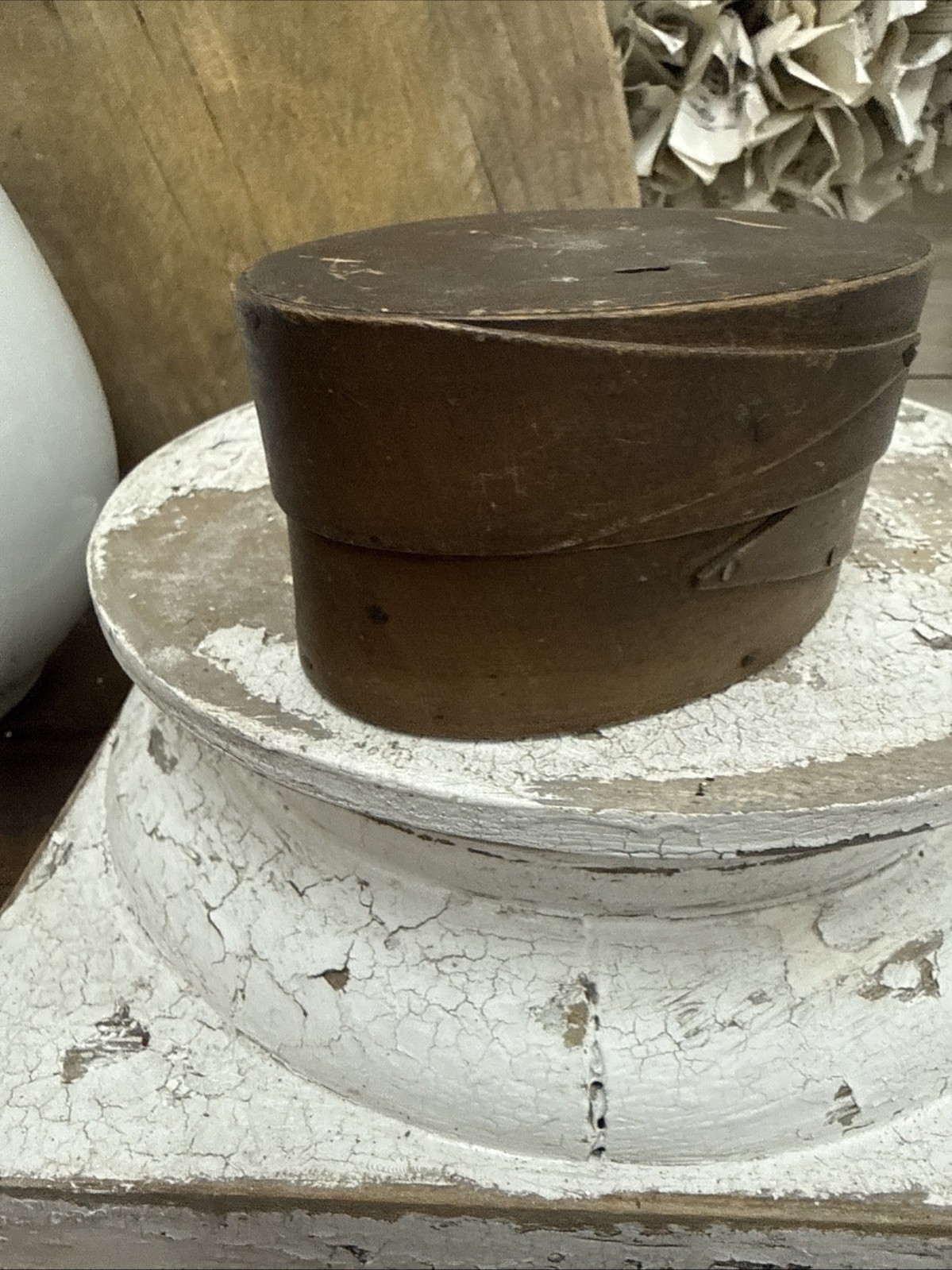 Antique Primitive  Small Oval Bentwood  w/ Lid  Pantry Spice Box