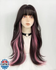 WKLOUYHE Long Wavy Wig for Women Synthetic Curly Wig with Bangs Fibre Cosplay