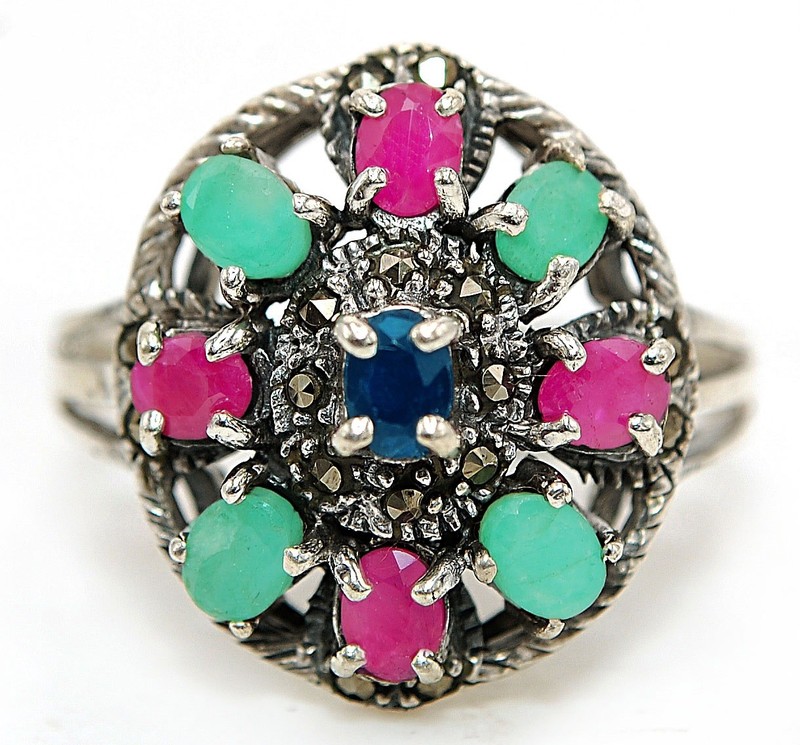 Multigemstone Marcasite 925 Sterling Silver Ring Sz 10 NF1-2