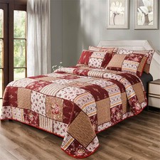 3 Pieces Floral Plaid Patchwork Bedding Quilt Set Queen Red Brown White Plaid