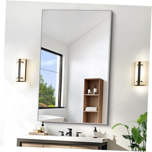 30x48 Inch Large Silver Wall Mounted Mirror,Brushed Nickel Framed Rectangular