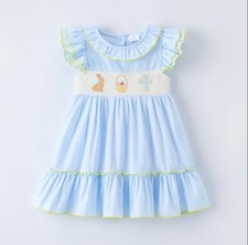 NEW Boutique Easter Bunny Rabbit Girls Embroidered Smocked Ruffle Dress