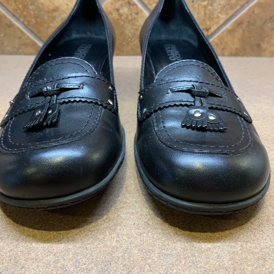 Franco Sarto Womens Heeled Loafers Sz 10 M W/ Tassels Black Leather Shoes - Image 3 of 4