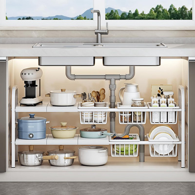 Under Sink Organizer，2 Tier Expandable Heavy Duty Metal Shelf，With 5 Removable P