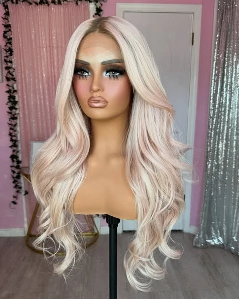 24 Inch Ombre Pink Platinum Blonde Wigs 100% Human Hair Lace Front Wig Body Wave - Image 3 of 4