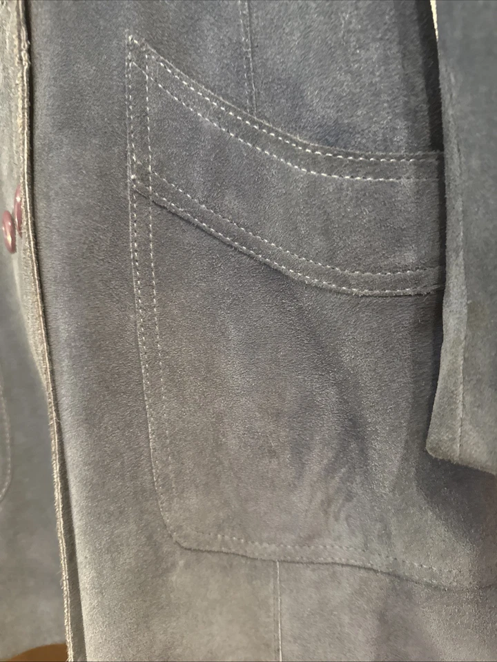 RARO Vintage Penny Lane Anos 70 Camurça Azul Comprimento Médio, Gola de Pele Grande Tamanho Pequeno - Imagem 4 de 4