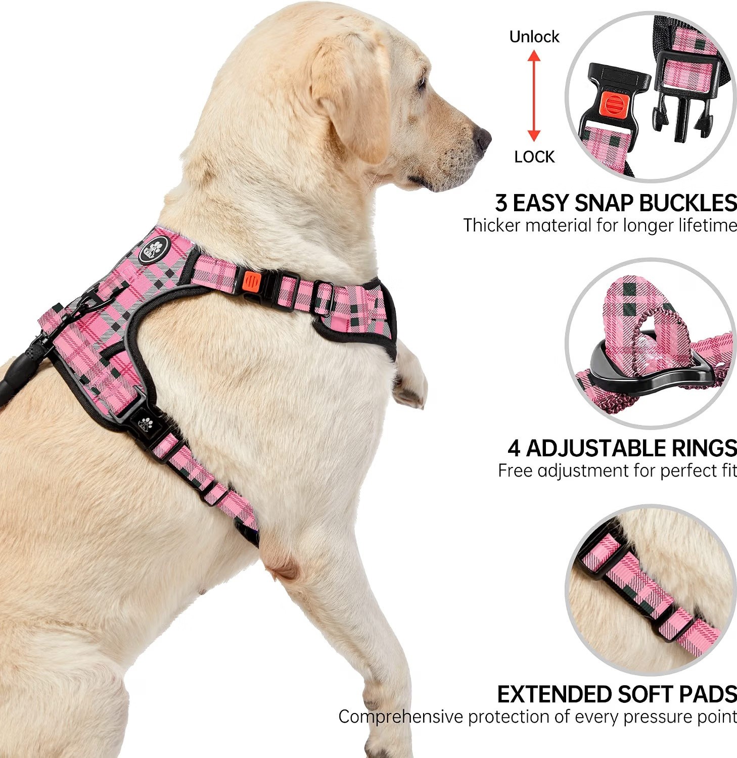 Imbracatura per cani senza tiro in tartan rosa con piombo e accessori cintura di sicurezza auto - S foto 4