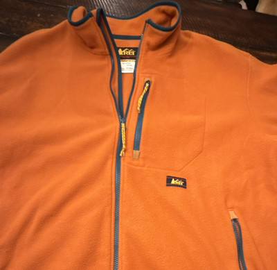 REI Men's Stand-Up Collar Full Zip Jacket Orange Logo Zipper Size XL