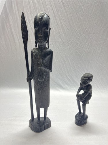 2 Vintage Ethnic Ebony Wood Carved African Tribal Hunter Spear And Bongo Player - Picture 5 of 5