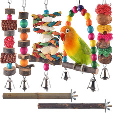 Natural Wood Chew Toys for Small Birds, 7 Packs, Hanging Cage Perch Stand