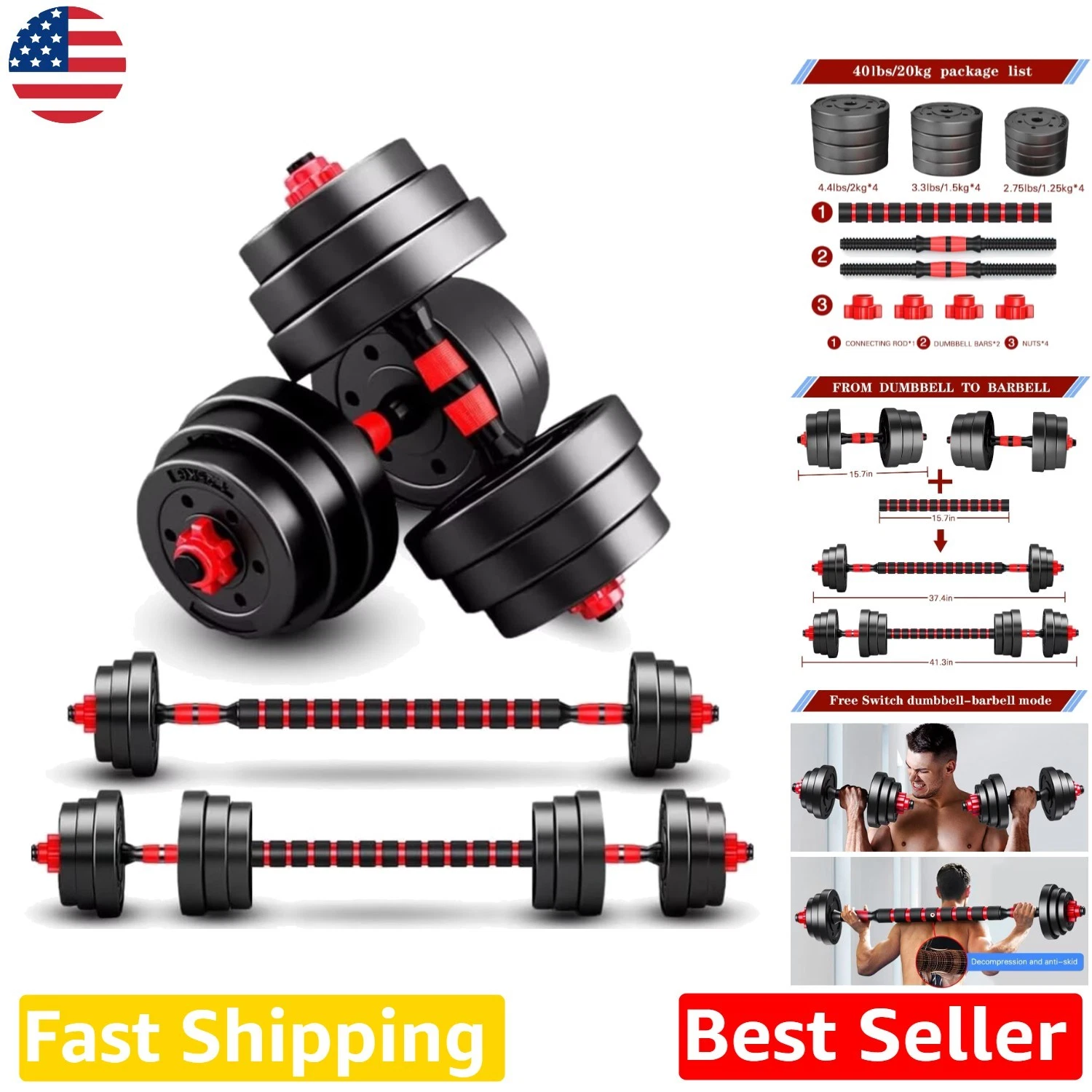 Adjustable Dumbbell Set 40lb 2pc Iron Neoprene Handle Non-Slip Home Gym
