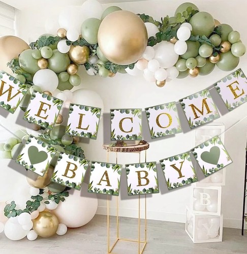 luckylibra Welcome Baby Banner Babyparty Deko Salbeigrün Neu - Bild 2 von 5