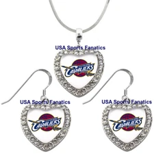 Cleveland Cavaliers 925 Necklace or Earrings or Set Team Heart With Rhinestones
