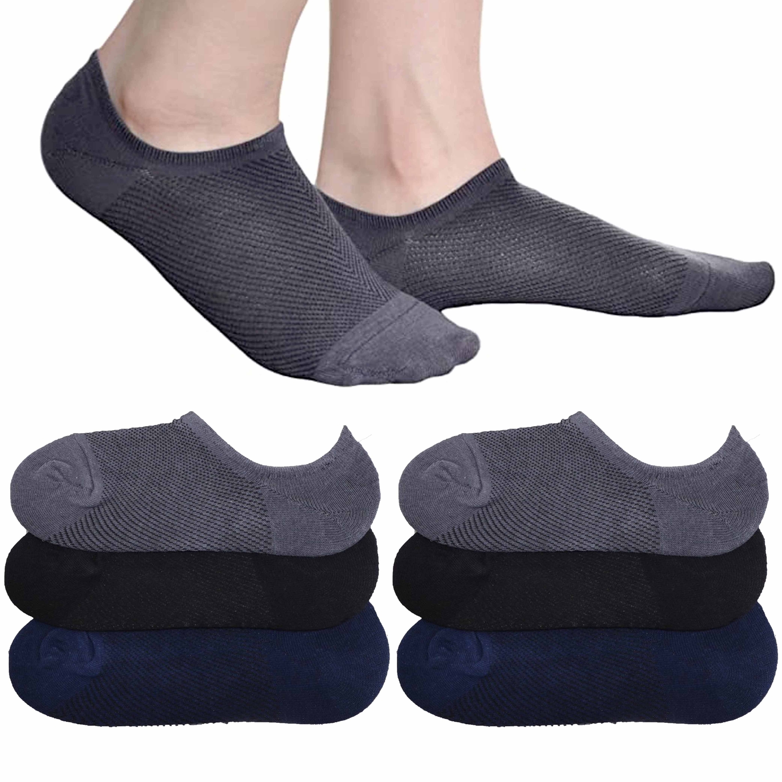6 Pairs Men Women No Show Socks Non Slip Low Cut Invisible Cotton Assorted 10-13-image