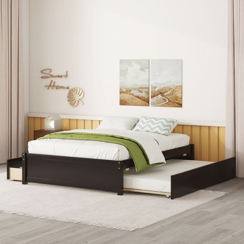 Full Size Wooden Platform Bed with Twin Trundle and 2 Storage Drawers for Teens - Picture 30 of 33