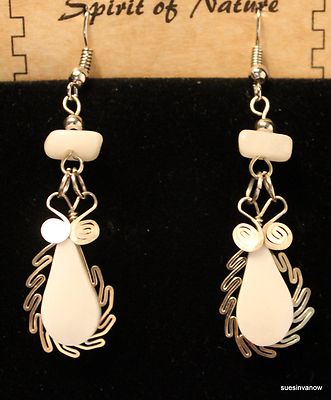 Handmade Native American Design Stone Geo Dangle Hook Silver Earrings 2''  (10G )