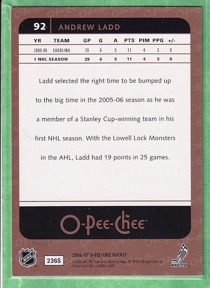 2006-07 O-Pee-Chee #92 Andrew Ladd Carolina Hurricanes - Image 2 of 2