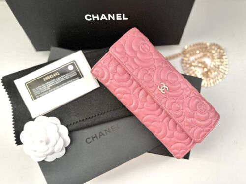 Auth CHANEL CC Pink Camellia Embossed Caviar Leather Wallet w/ Chain - Picture 10 of 18