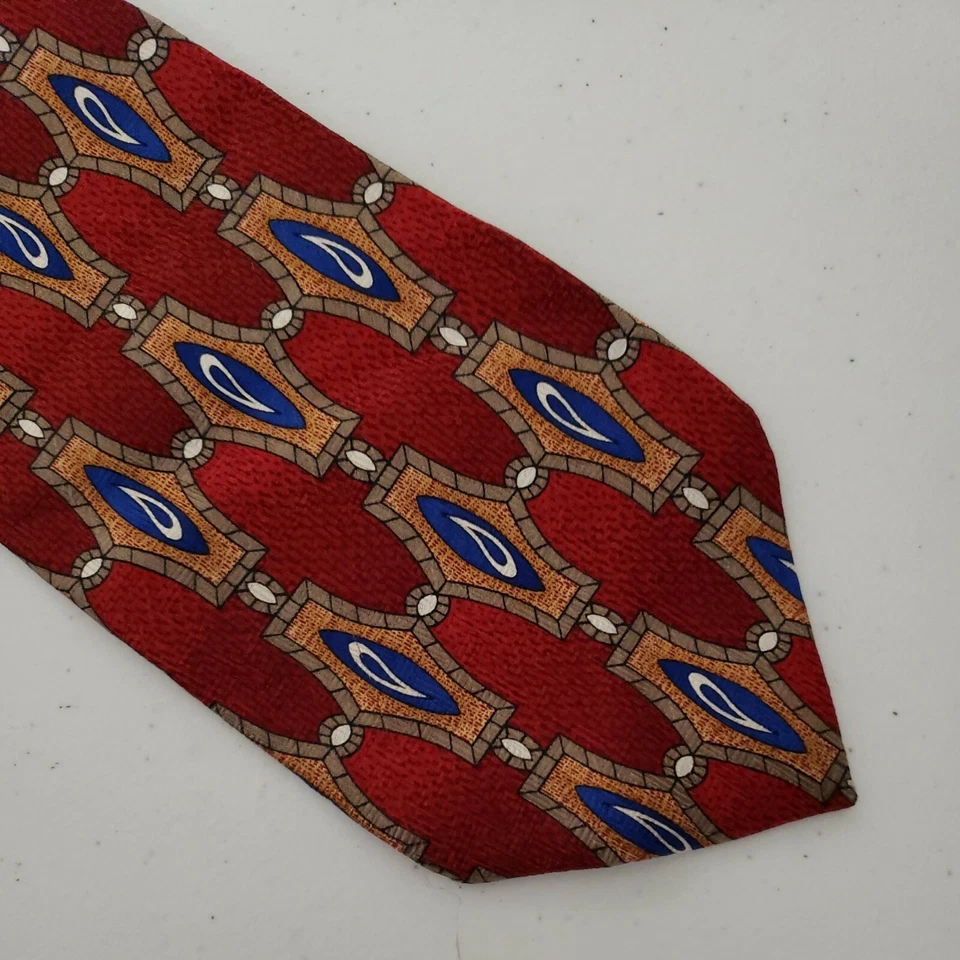 Corbata de cuello Giovanni New York Designer para hombre roja dorada azul seda hecha en EE. UU. Carrera Foto 4 de 4