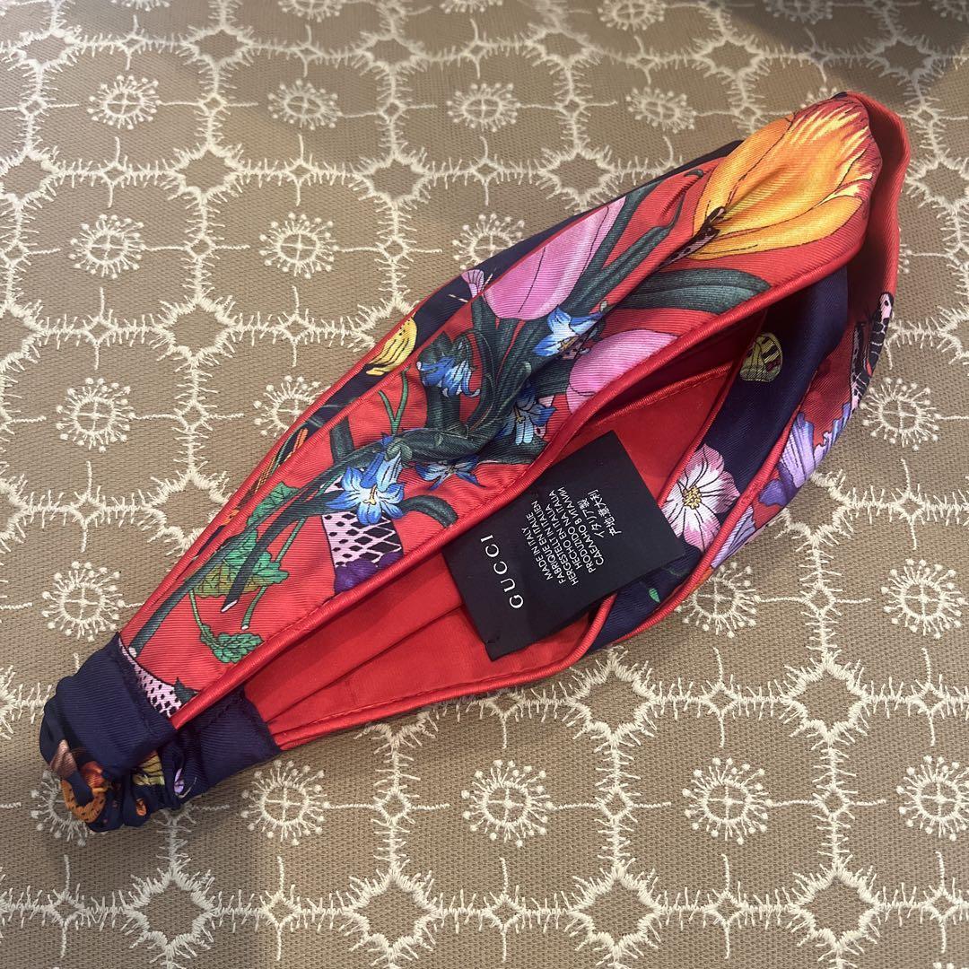 Gucci Flower Printed Headband Turban Red Silk 100% Women display picture 2