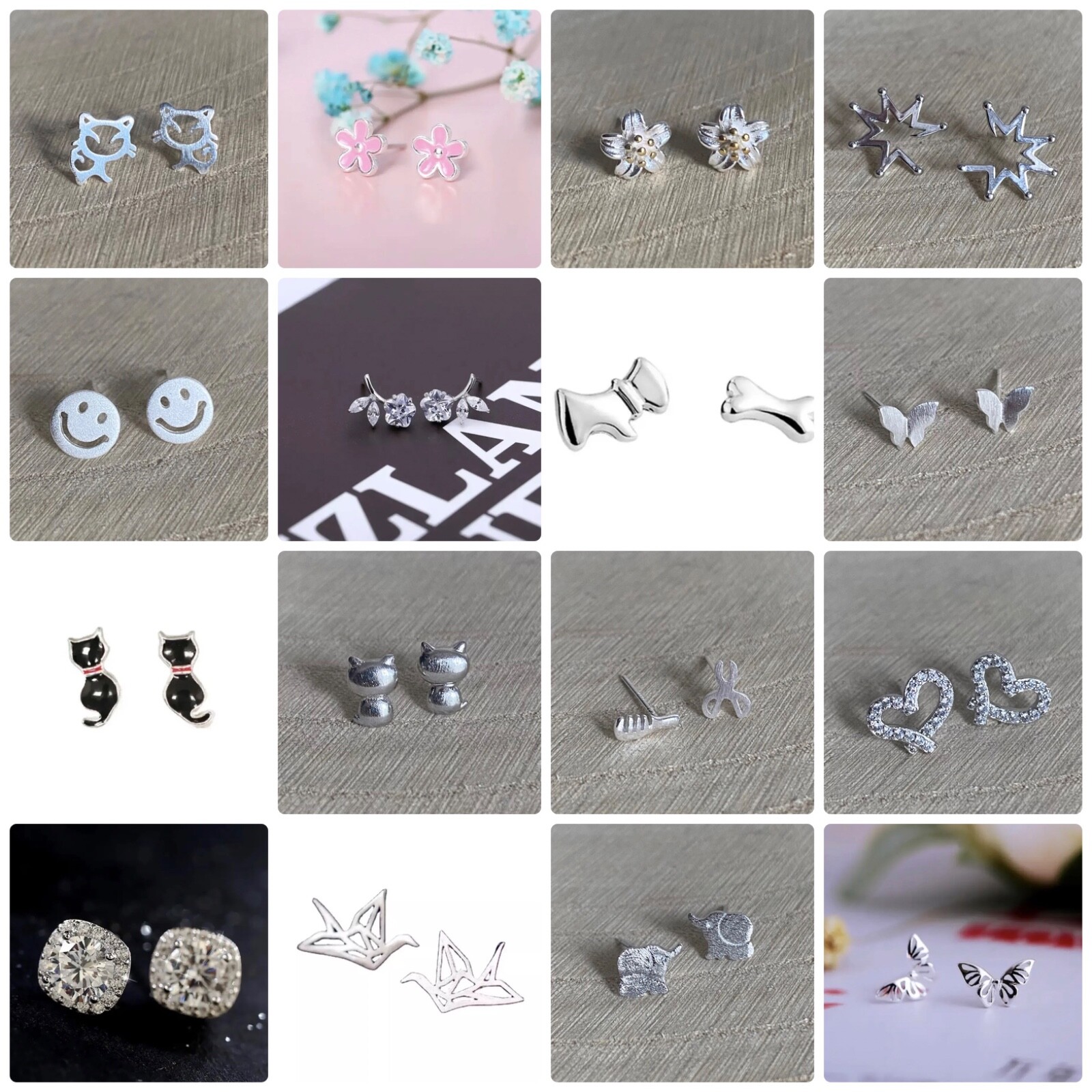 Sterling Silver 925 Heart Flower Crane Cat Dog Zircon Stud Earrings-image