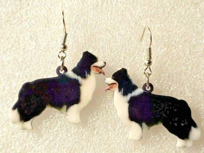 Border Collie Dog Standing Double-Sided Flat Acrylic Hook Earrings Jewelry