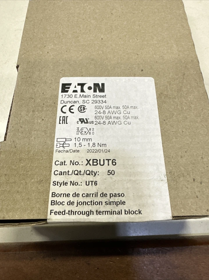 *NEW* Eaton XBUT6 Terminal Blocks Style UT6 50A 600V Gray 24-8AWG Box Of 50 - Image 2 of 4