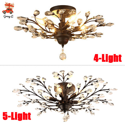 4/5 Lights Crystal Chandelier Light Rustic Branches Ceiling Pendant Lamp Fixture